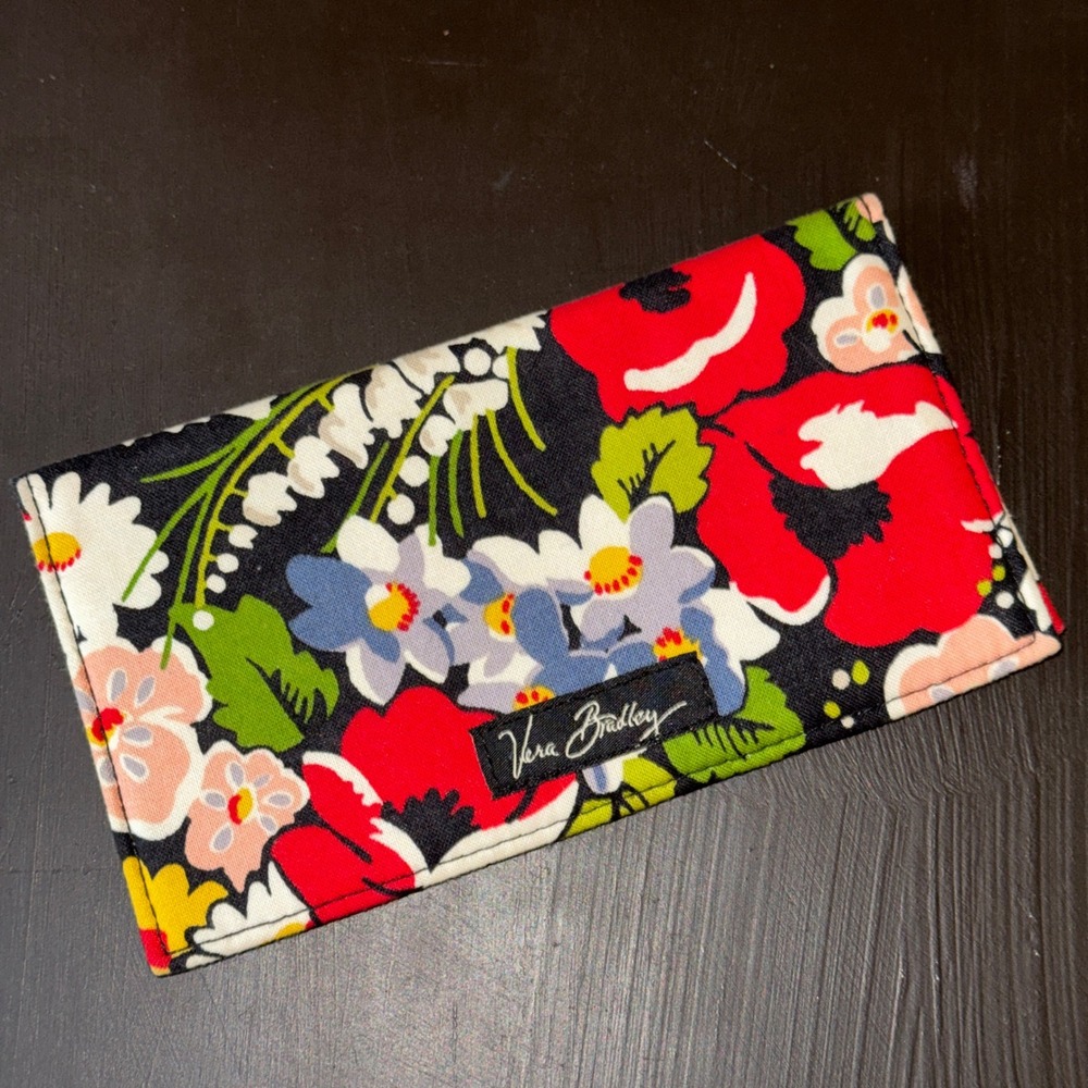 Vera Bradley Poppy Fields Floral Quilted Cotton Checkbook Cover Black Red Yellow